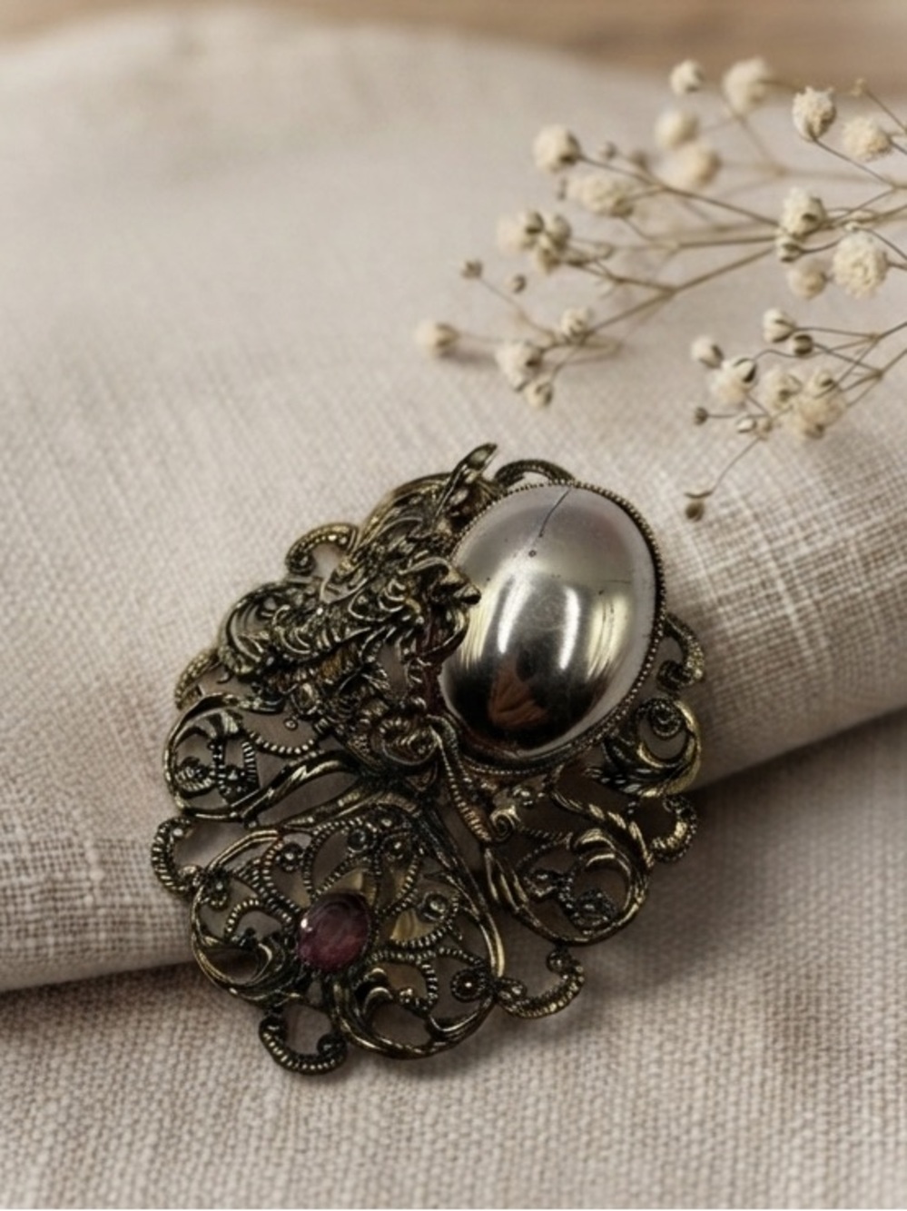 Vintage Gold Tone Filigree Brooch with Silver Tone Dome & Purple Accent